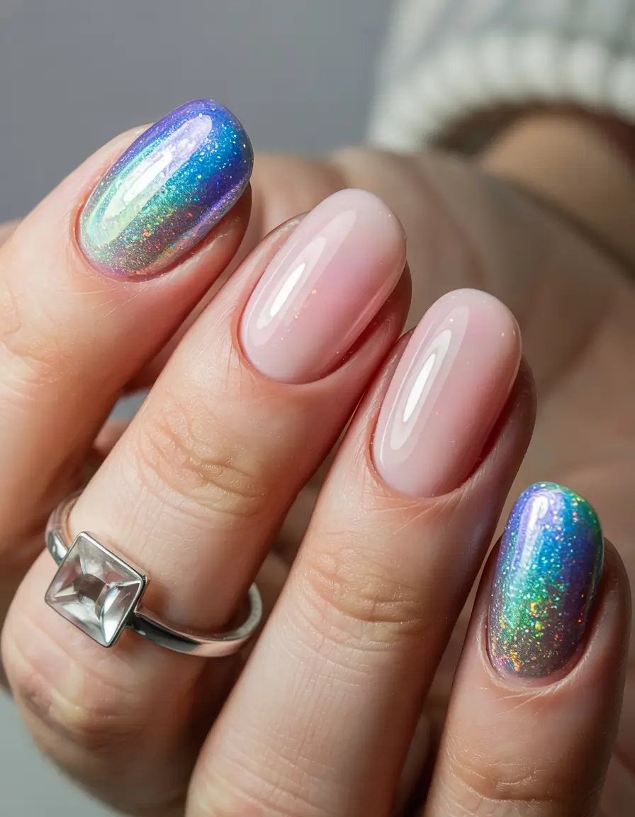 Simple Nails for a Chill 2025 Summer Rainbow Aurora Almond