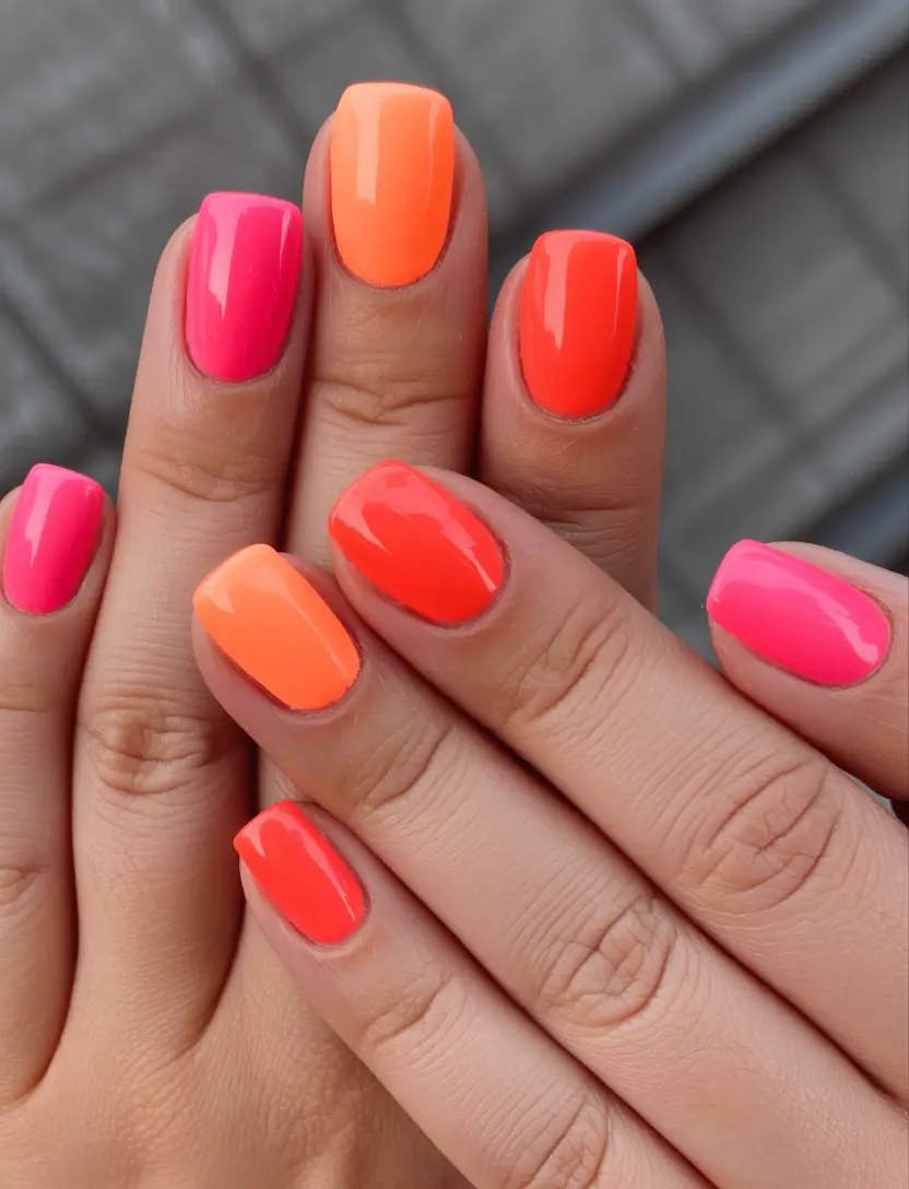 Simple Nails for a Chill 2025 Summer Neon Sunset Squares