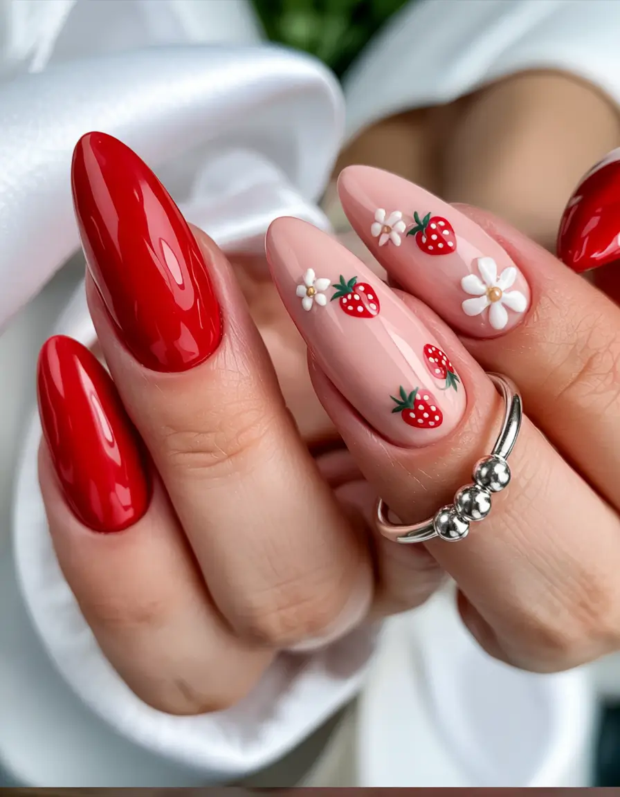 Strawberry nails inspo 2025 Cherry Red & Daisy Dreams