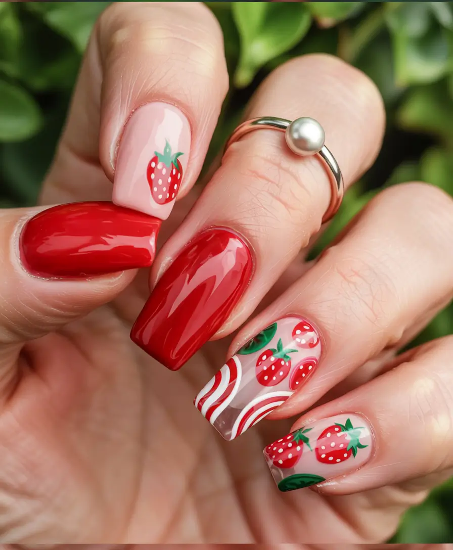 Strawberry nails inspo 2025 Retro Swirls & Strawberry Slices