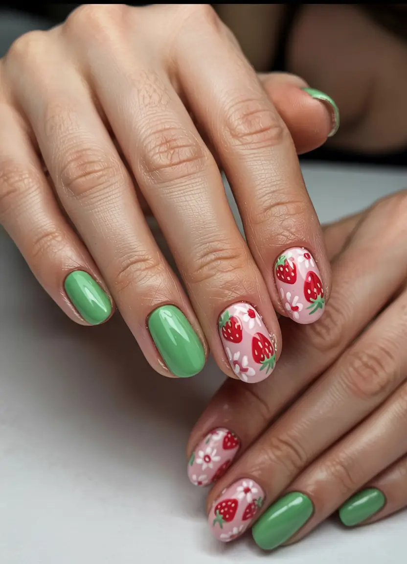 Strawberry nails inspo 2025 Matcha and Strawberries: A Soft Contrast