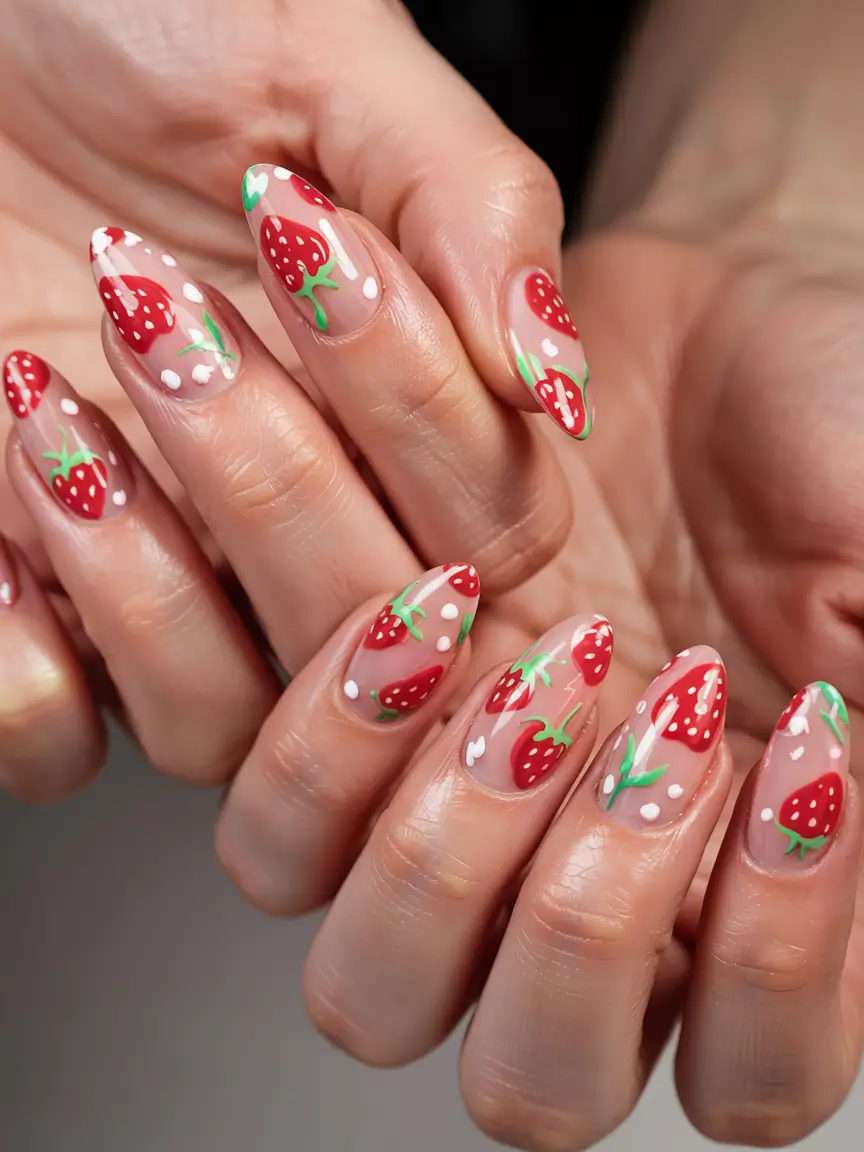 Strawberry nails inspo 2025 Transparent Play with Floating Strawberries