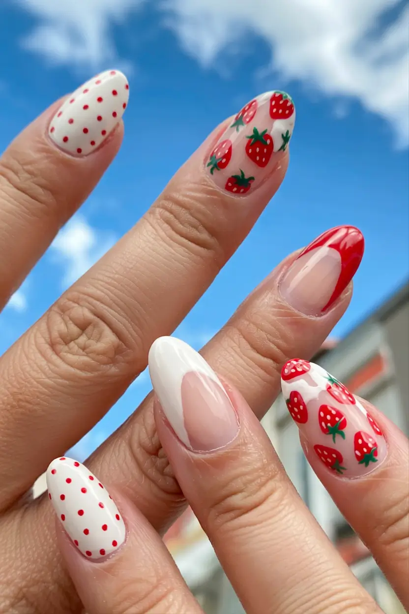Strawberry nails inspo 2025 Playful Polka Meets Berry Delight