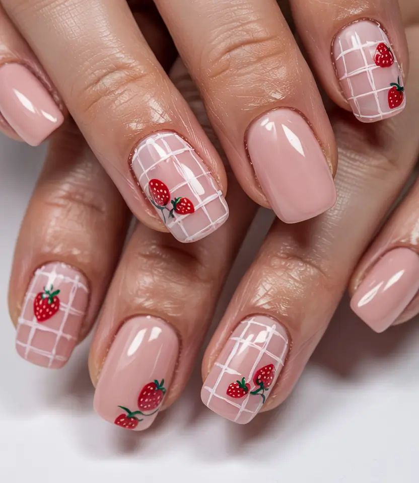 Strawberry nails inspo 2025 Minimal Grid with Strawberry Pop