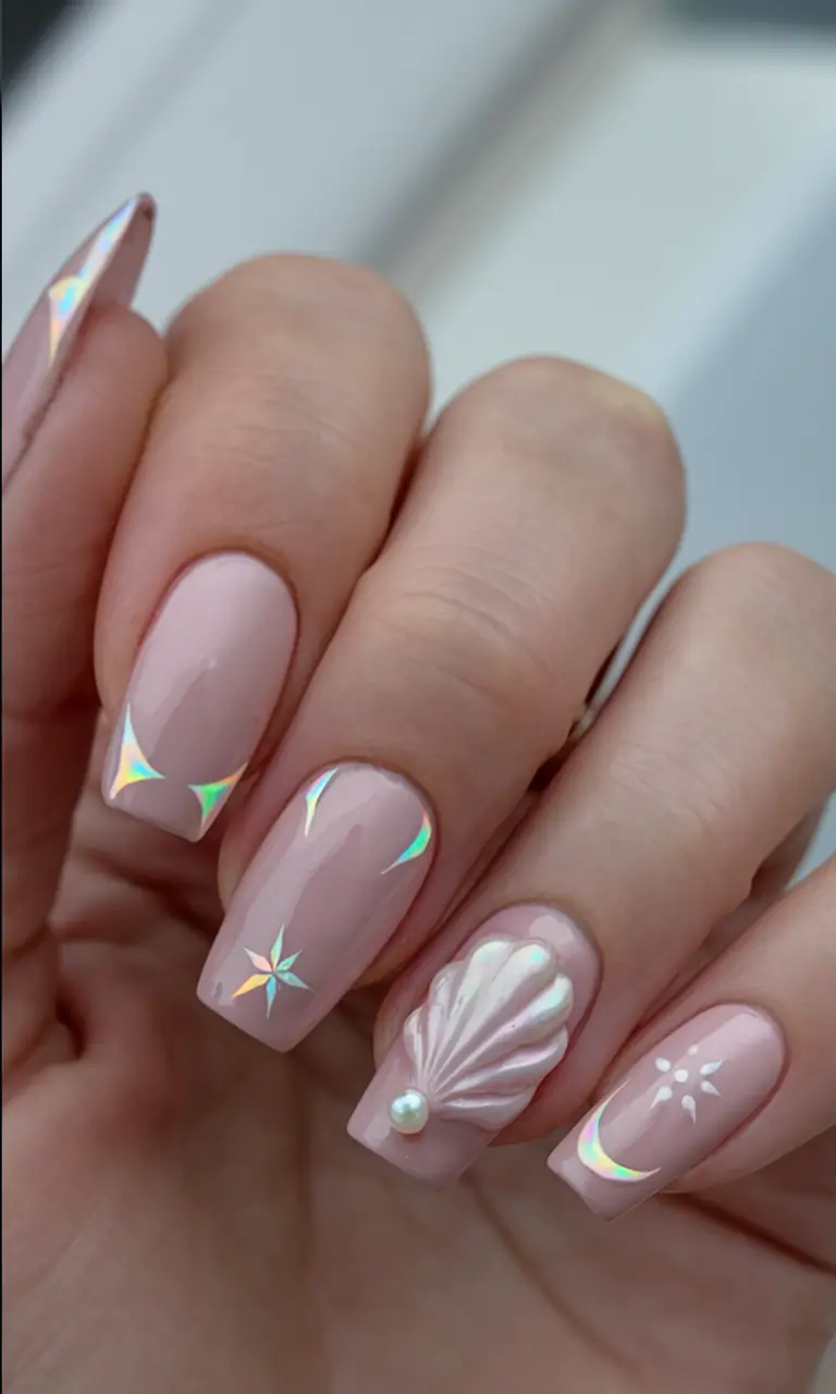 summer acrylic nail ideas 2025 Seashell Chic Meets Starlit Simplicity