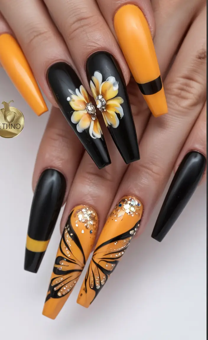 summer acrylic nail ideas 2025 Sunset Monarch Energy