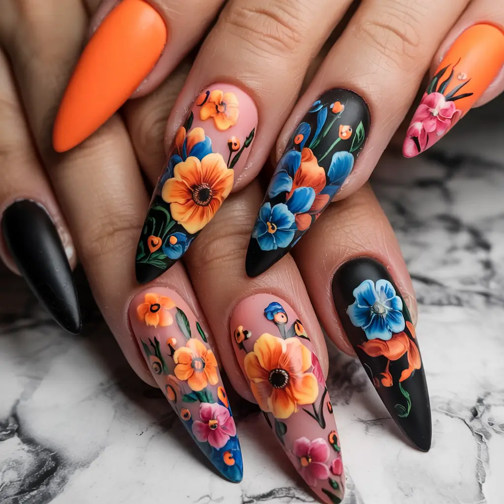summer acrylic nail ideas 2025 Vivid Florals with a Matte Edge
