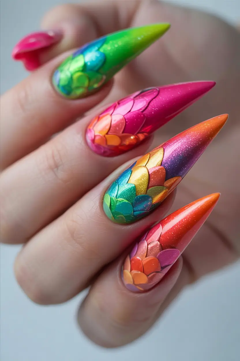 summer acrylic nail ideas 2025 Neon Mermaid Armor