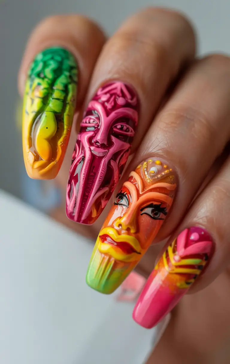 summer acrylic nail ideas 2025 Surreal Faces in Saturated Color