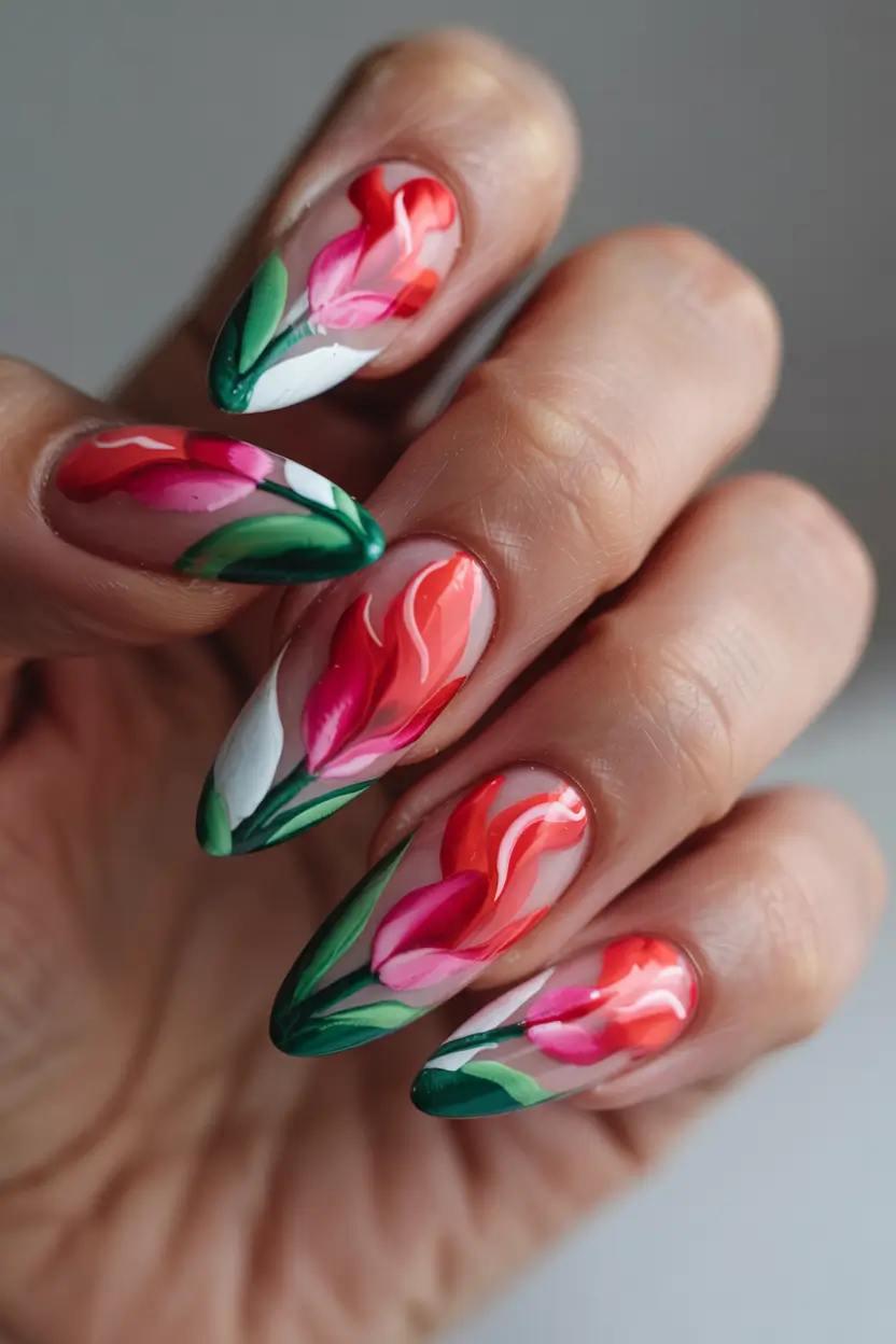 summer acrylic nail ideas 2025 Tulip Petals in Motion