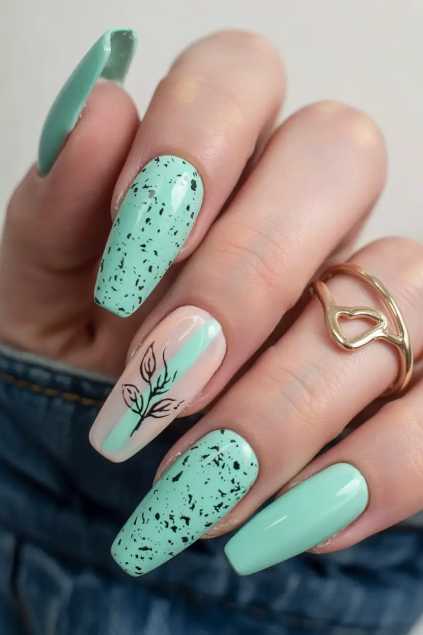 summer acrylic nail ideas 2025 Speckled Mint + Botanical Line Art