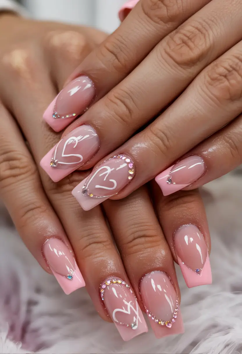 summer acrylic nail ideas 2025 Romantic Pink Hearts and Crystals