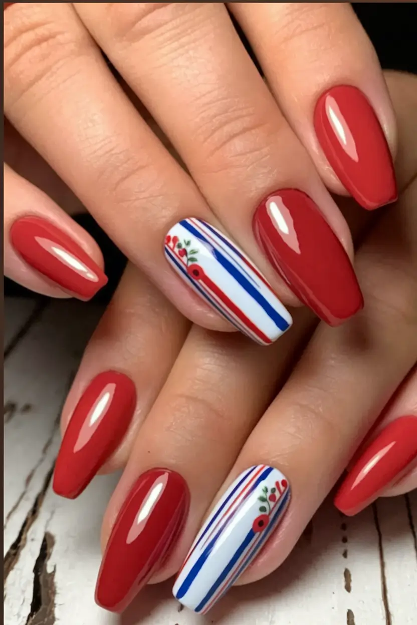 striped red hot nails Classic Red with a Twist