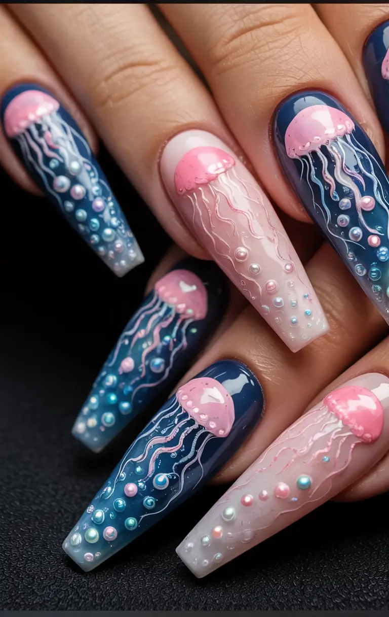 summer acrylic nail ideas 2025 Deep Sea Dream: Jellyfish Fantasy