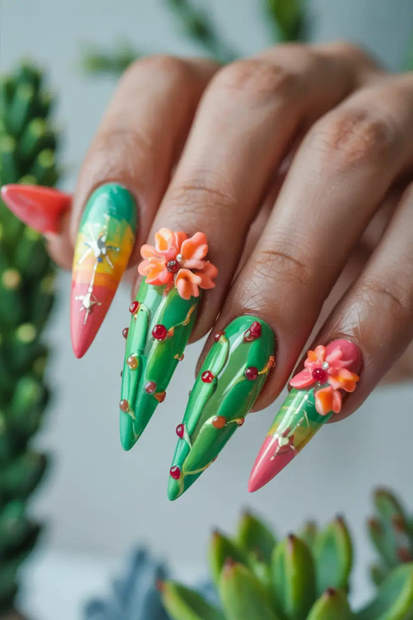 summer acrylic nail ideas 2025 Tropical Cactus Bloom in Full Color