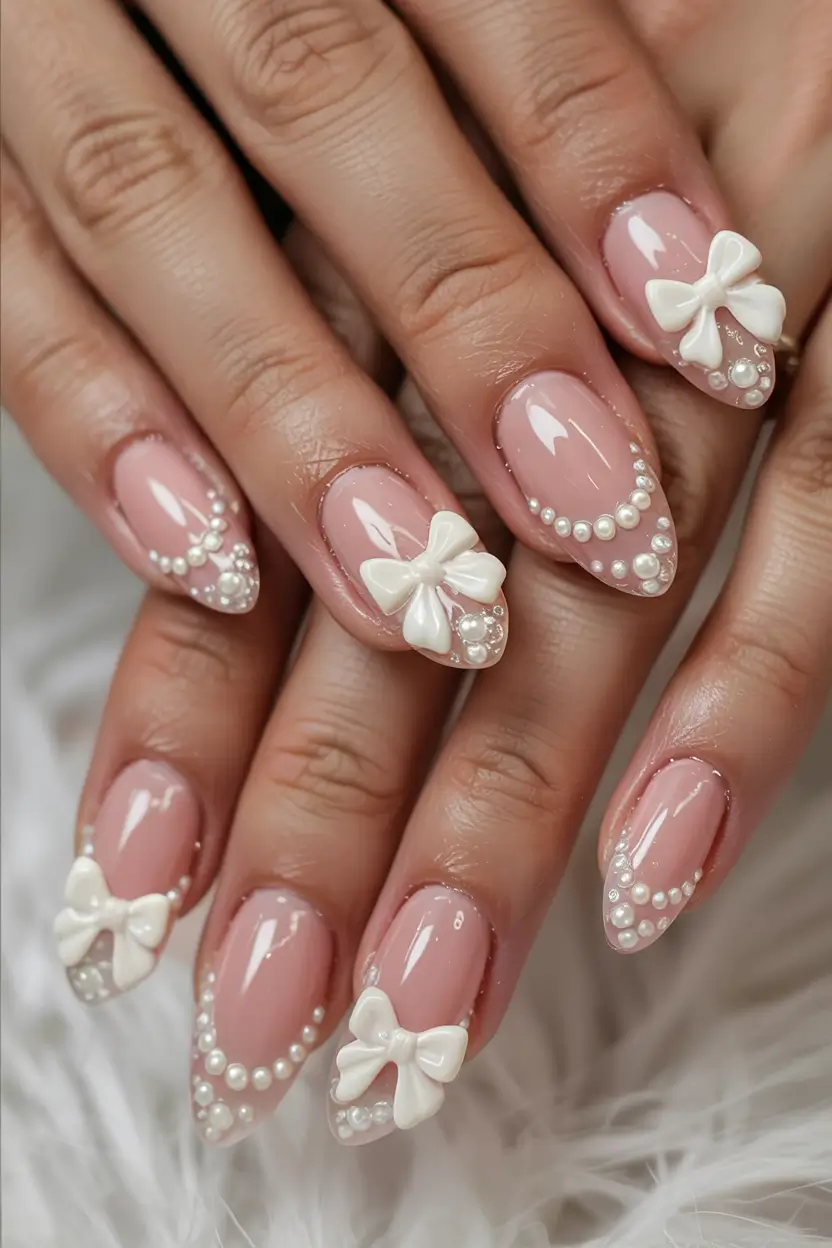 summer almonds nails ideas 2025 Classic Pearl Bow Charm