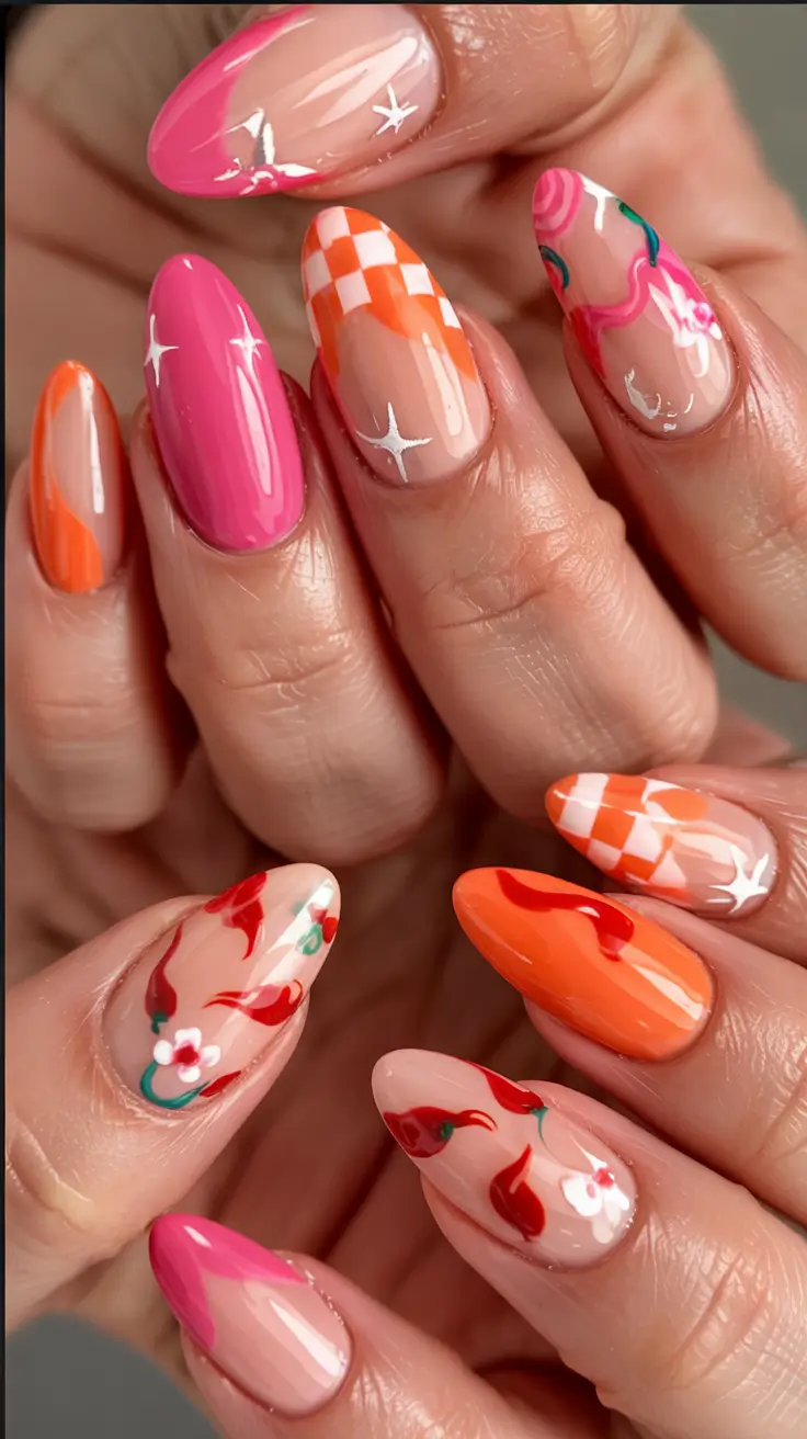 summer almonds nails ideas 2025 Coral Playland Pop