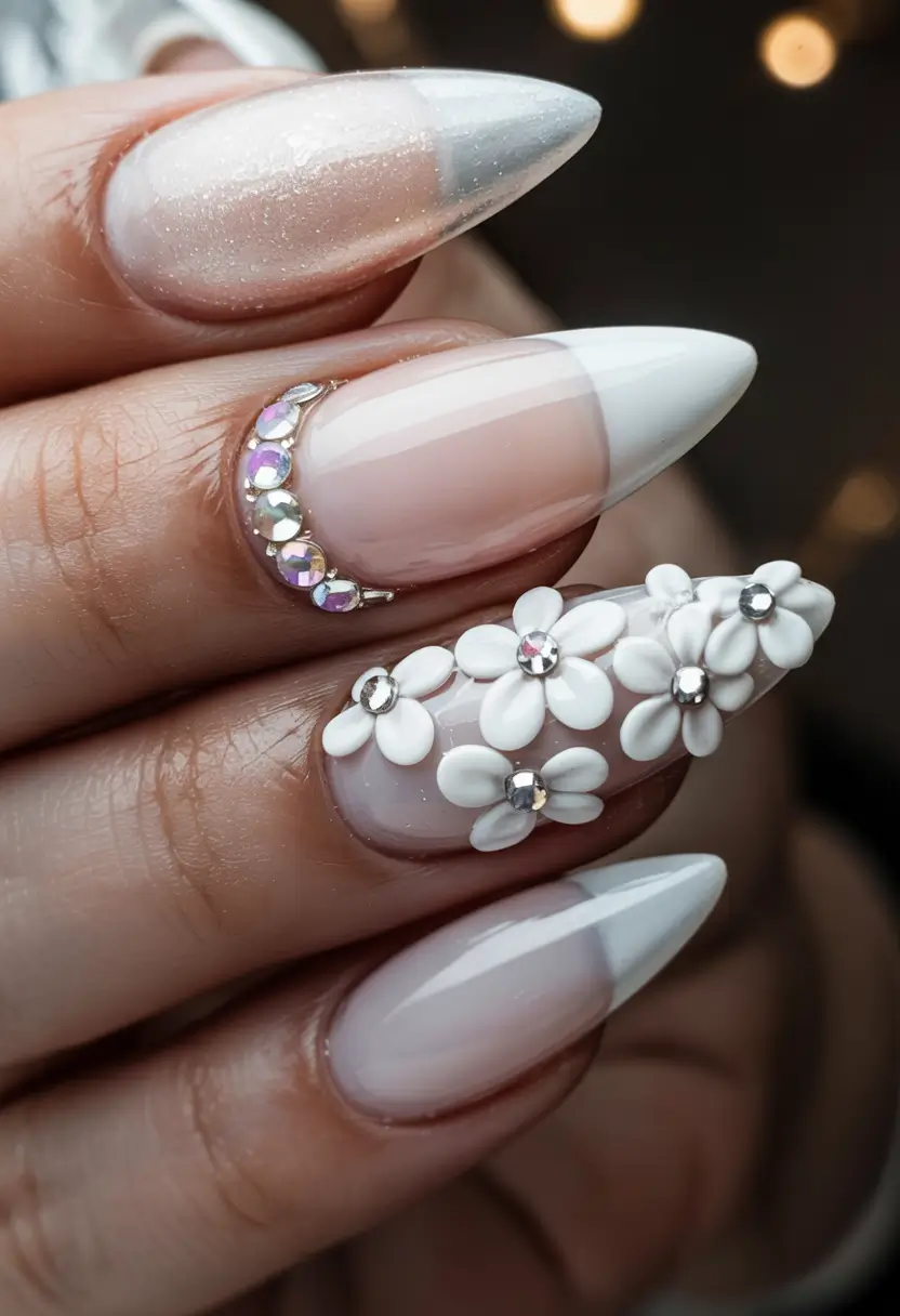 summer almonds nails ideas 2025 Crystal Daisy Whites