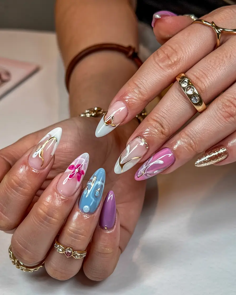 summer almonds nails ideas 2025 Whispers of Lavender and Pearlescent Clouds