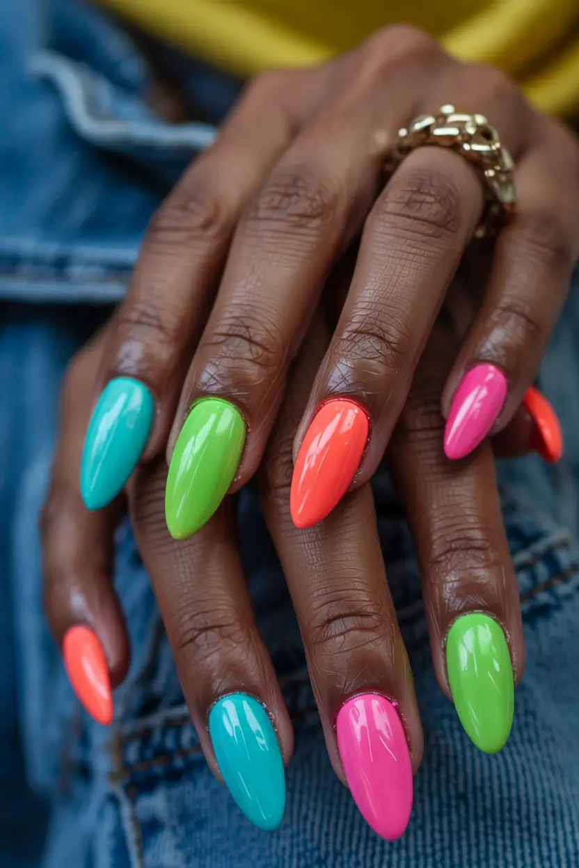 summer almonds nails ideas 2025 Holographic Hawaii — Neon Stamps & Matte Drama