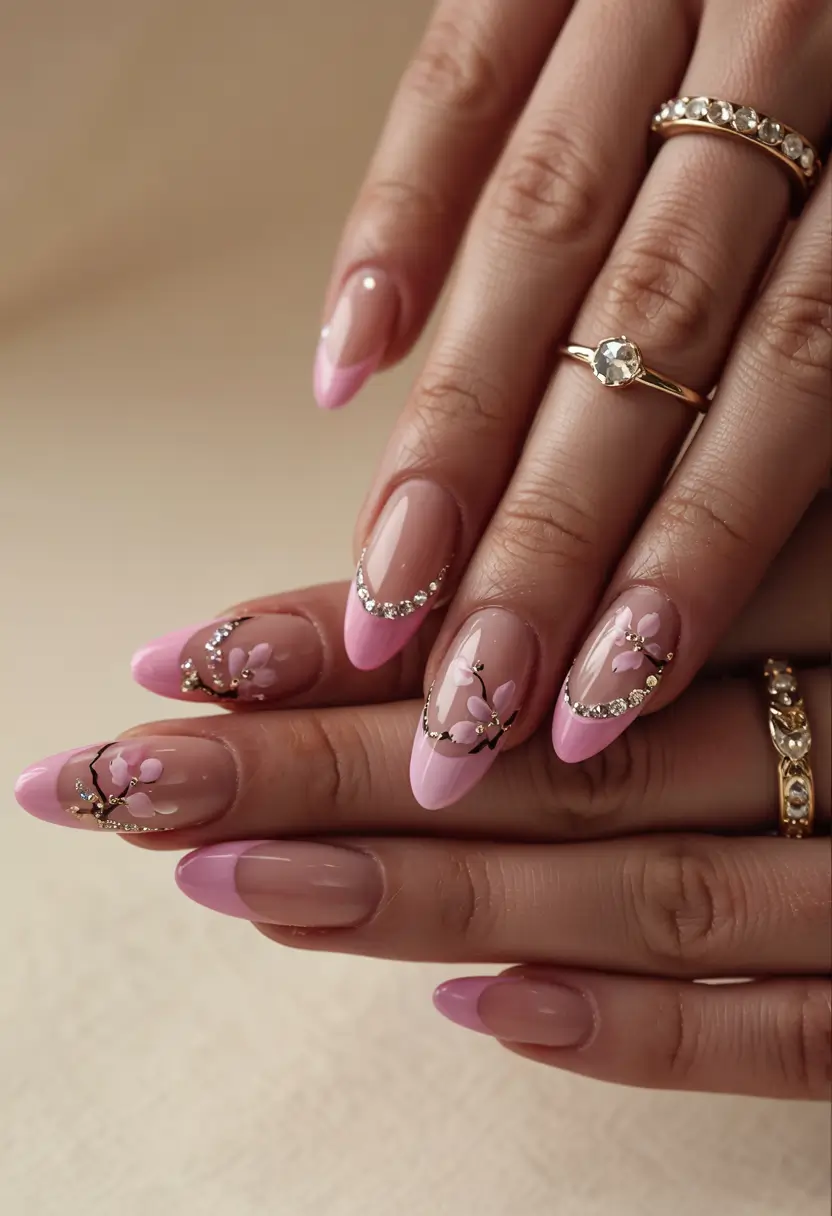 summer almonds nails ideas 2025 French Fantasy with Crystal Blossoms