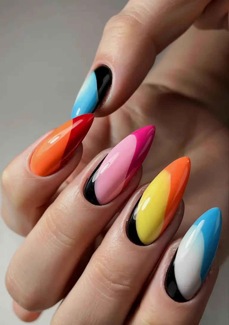 summer almonds nails ideas 2025 Colorblock Electric Pop