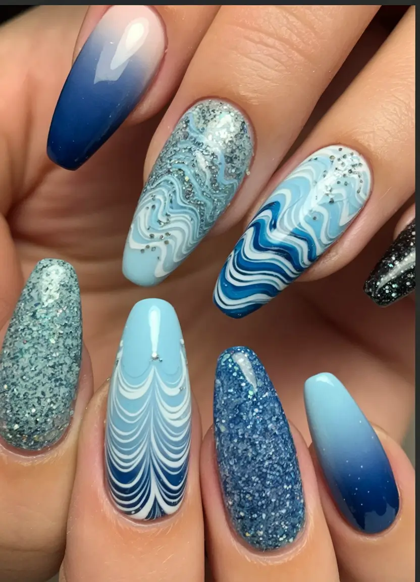 summer almonds nails ideas 2025 Oceanic Swirls & Glitter Drip