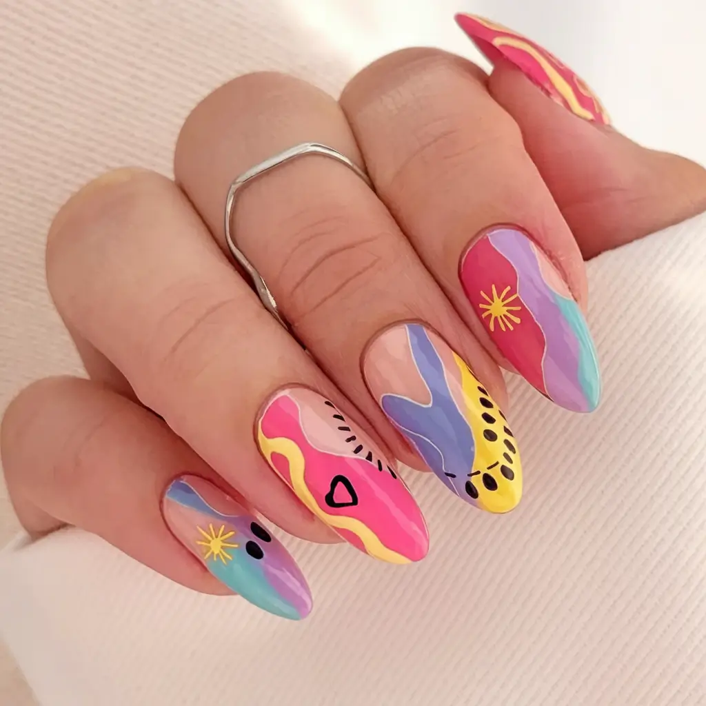 summer almonds nails ideas 2025 Sunset Mural Brights