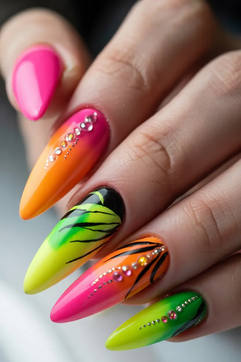 summer almonds nails ideas 2025 Electric Jungle Ombre
