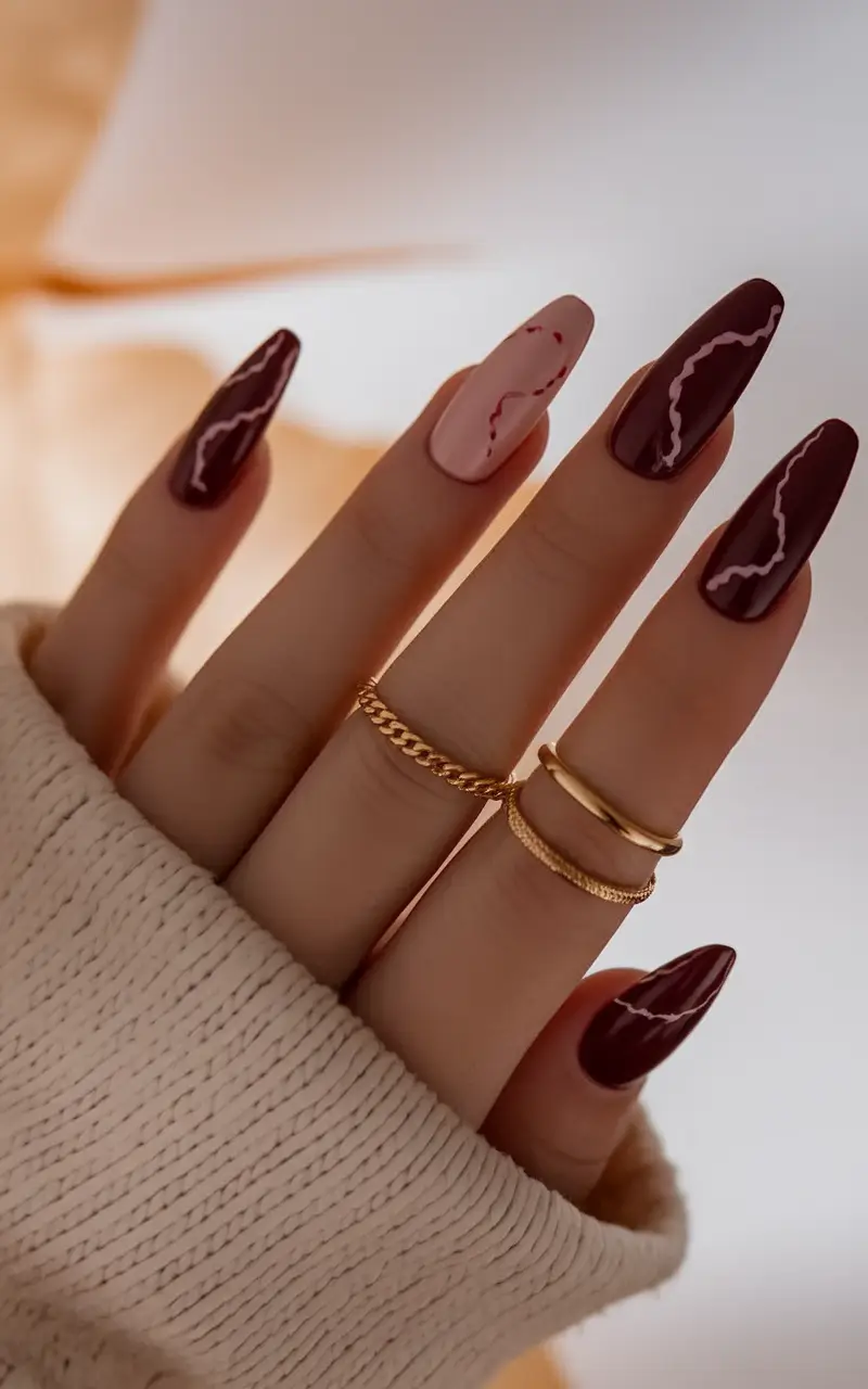 summer classy nails ideas 2025 Velvet Wine With a Twist of Minimalist Line Art
