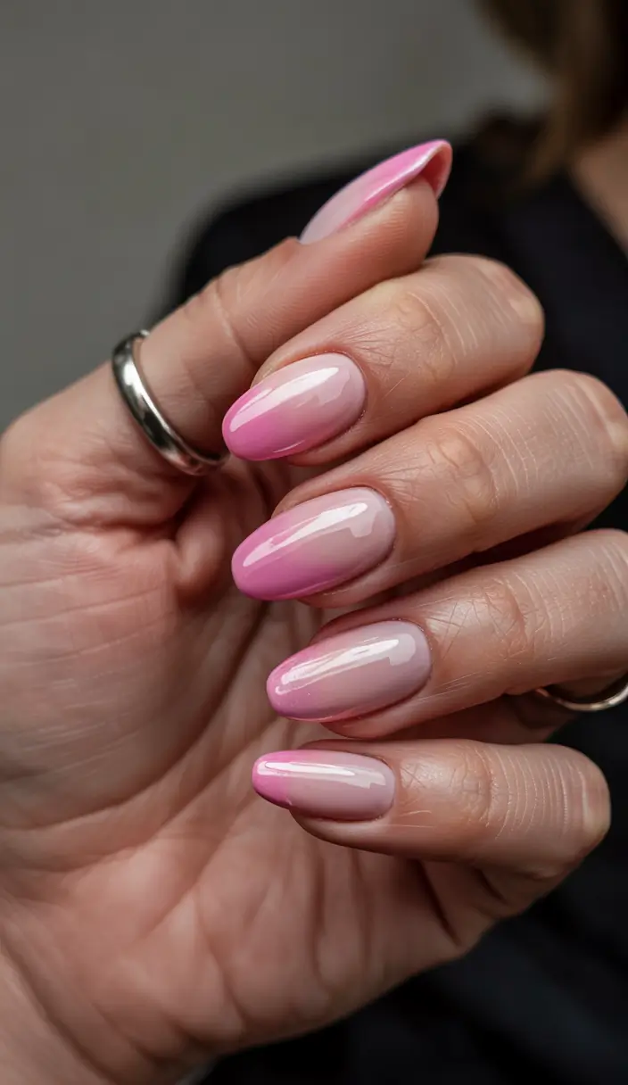 summer classy nails ideas 2025 Glossy Pink Fade That Screams Effortless