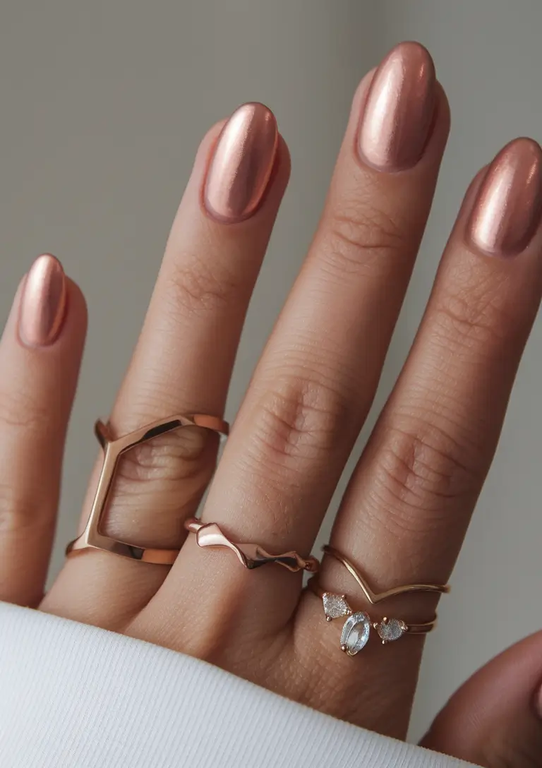 summer classy nails ideas 2025 Rose Gold Minimalism That Melts on Skin