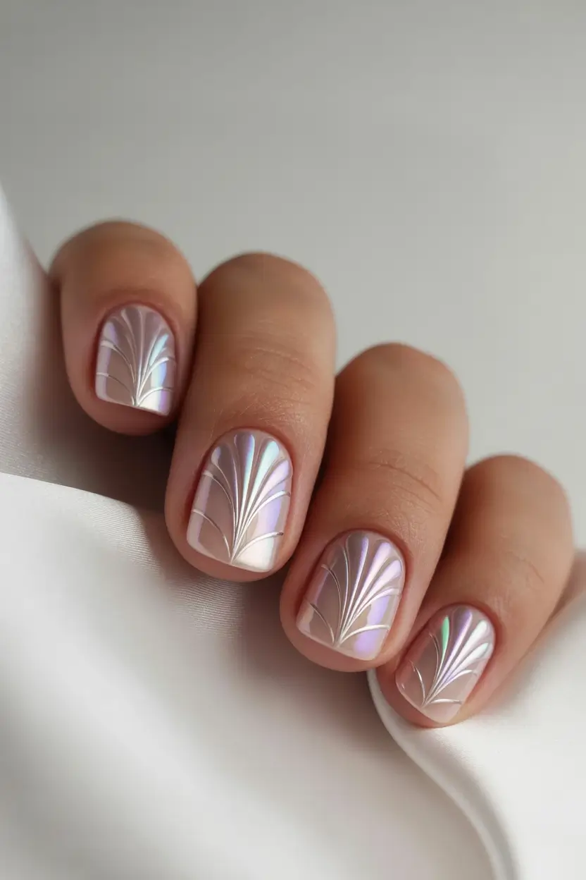 summer classy nails ideas 2025 Opalescent Shell Art for Short Nail Elegance