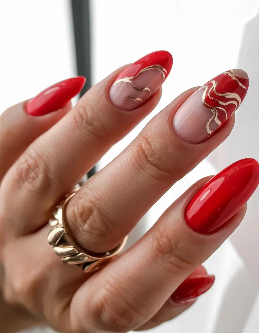 summer classy nails ideas 2025 Glossy Red and Gold Abstracts for Drama Queens