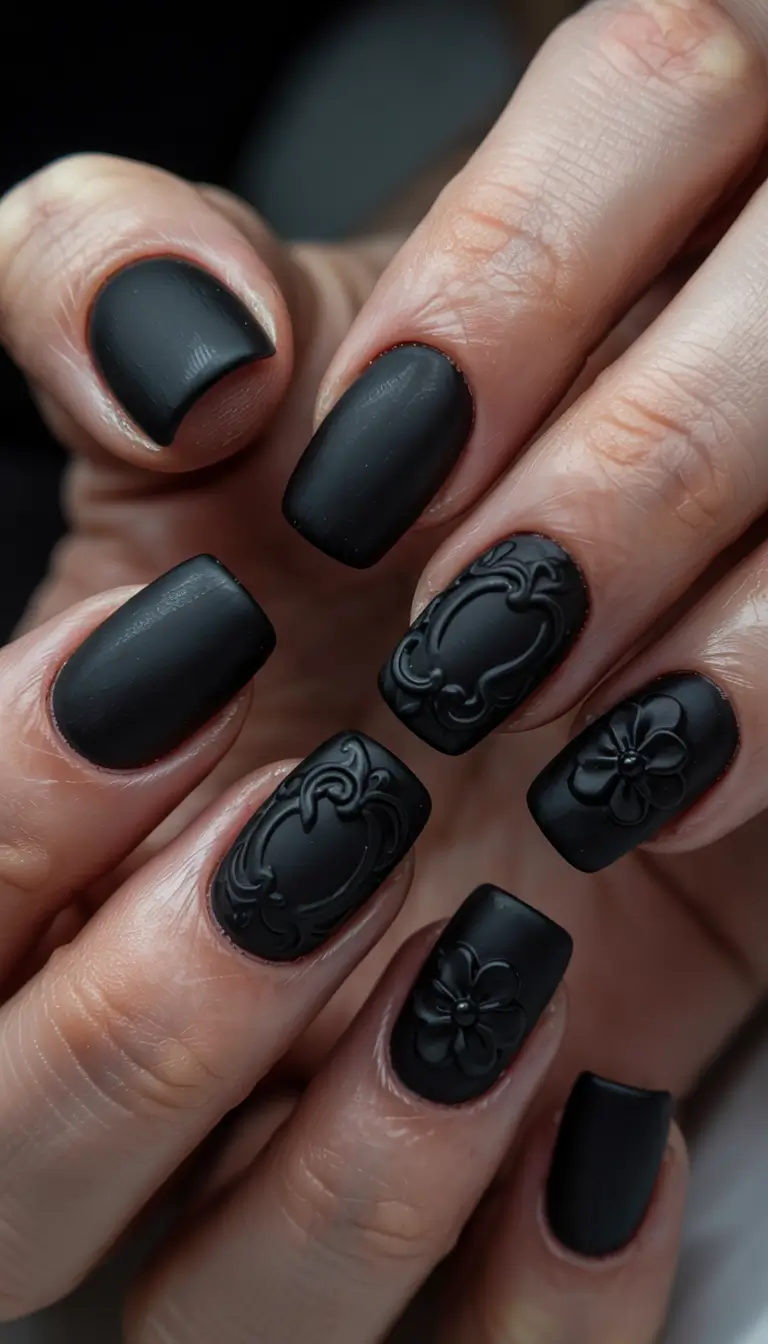 summer classy nails ideas 2025 Matte Black with Sculptural Embossed Art
