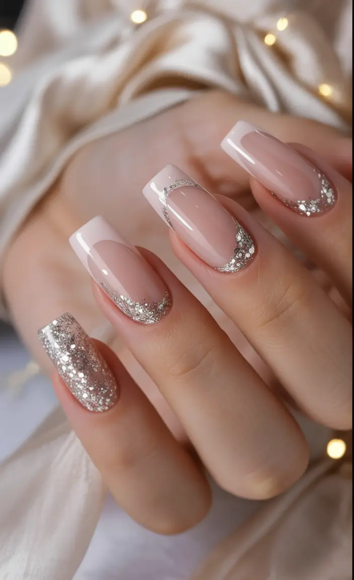 summer classy nails ideas 2025 Silver Sparkle French for Champagne Days