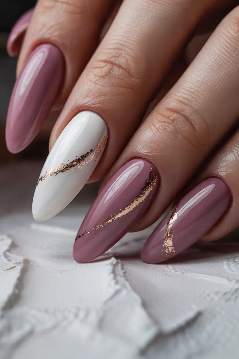 summer classy nails ideas 2025 Rosewood Luxe with Foil Whisper