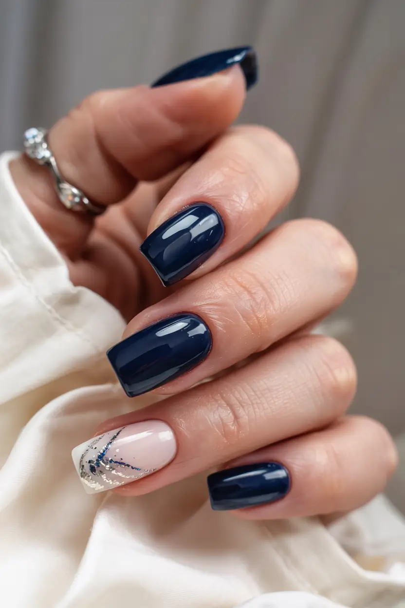 summer classy nails ideas 2025 Navy & Glitter Fusion That Feels Nautical Chic