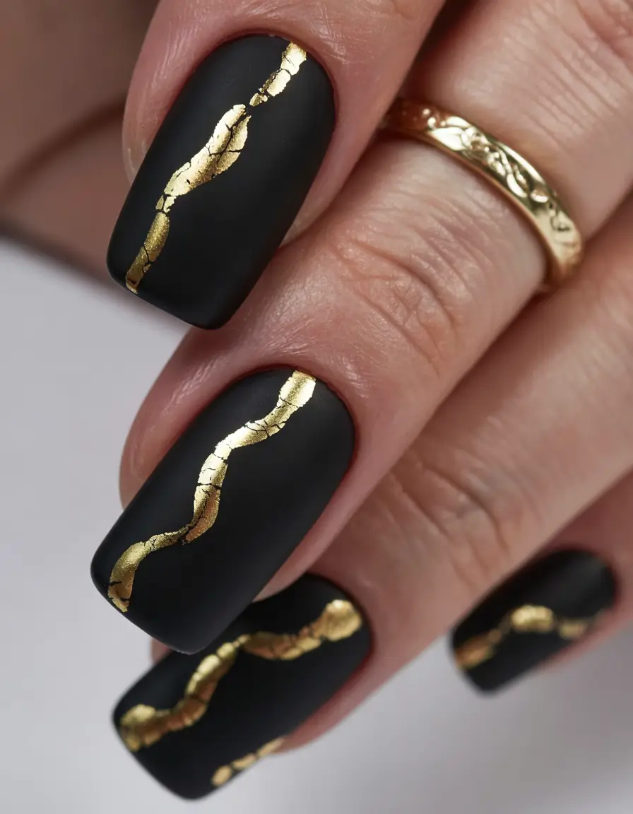 summer classy nails ideas 2025 Black & Gold Kintsugi-Inspired Power Nails