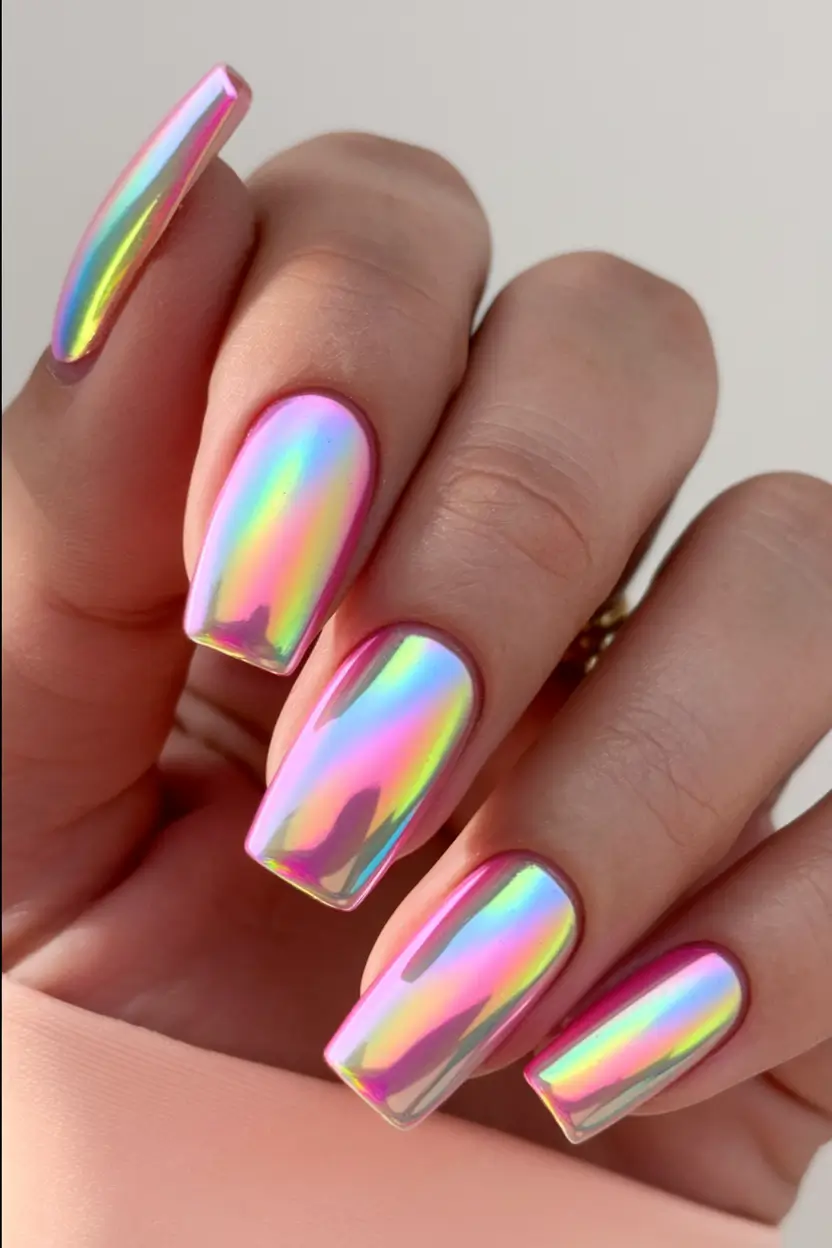 summer classy nails ideas 2025 Holographic Rainbow Chrome with a Pink Undertone