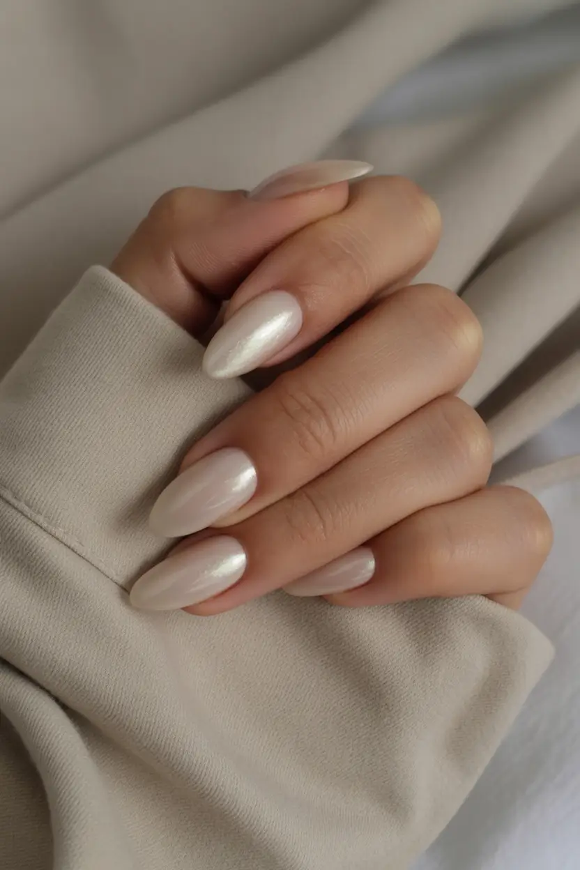 summer classy nails ideas 2025 Soft Pearl Glaze in an Almond Shape