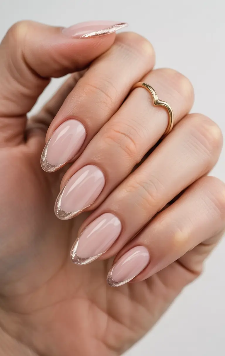 summer classy nails ideas 2025 Rose Gold Micro French with a Glossy Nude Base