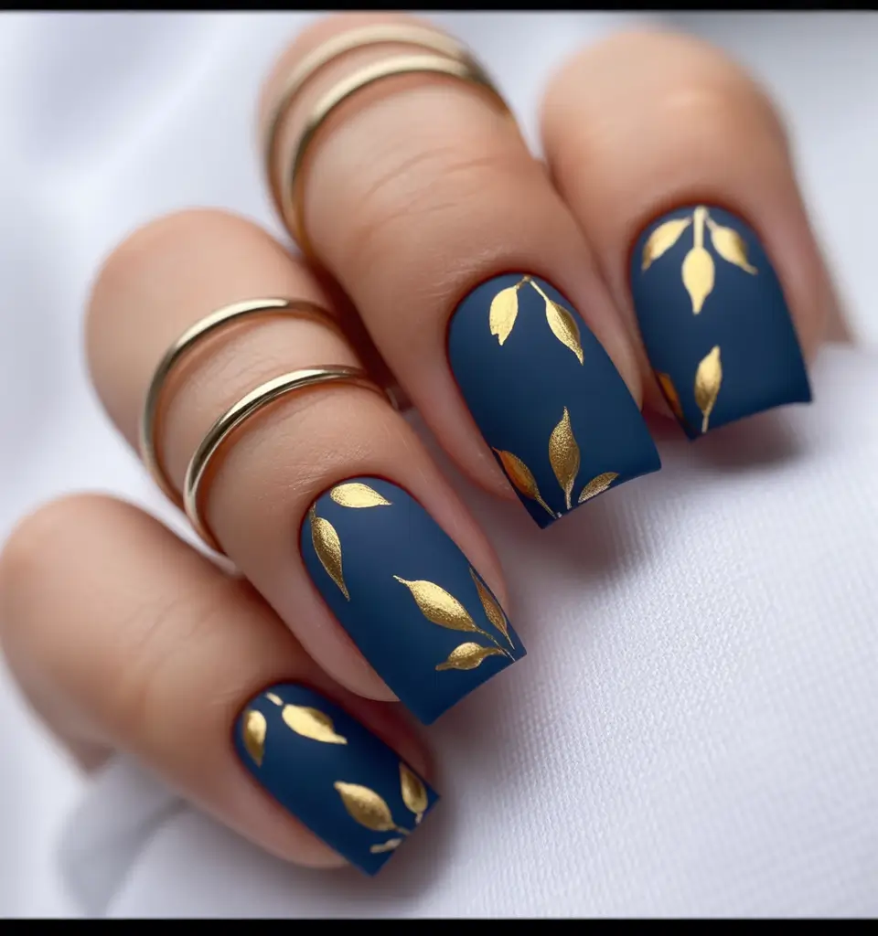 summer classy nails ideas 2025 Matte Navy with Gold Leaf Motif