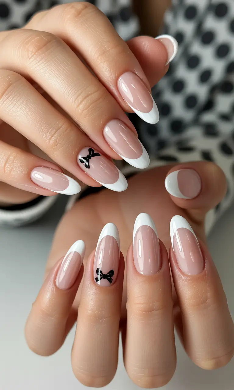 summer classy nails ideas 2025 French Tips with Black Bows for a Girly Edge