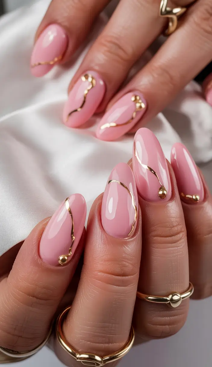 summer gel nail design ideas 2025 Glossy Pink Elegance with Gold Accents