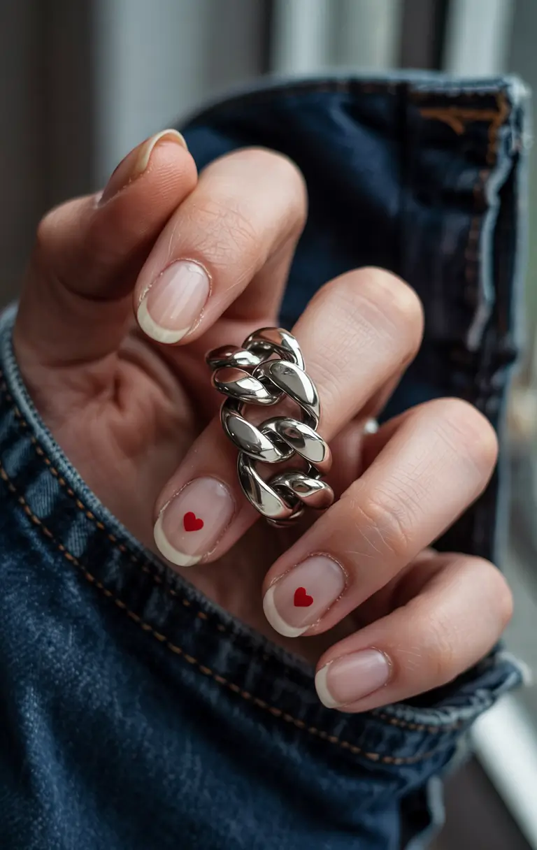 summer gel nail design ideas 2025 Minimal French with a Heart Pop