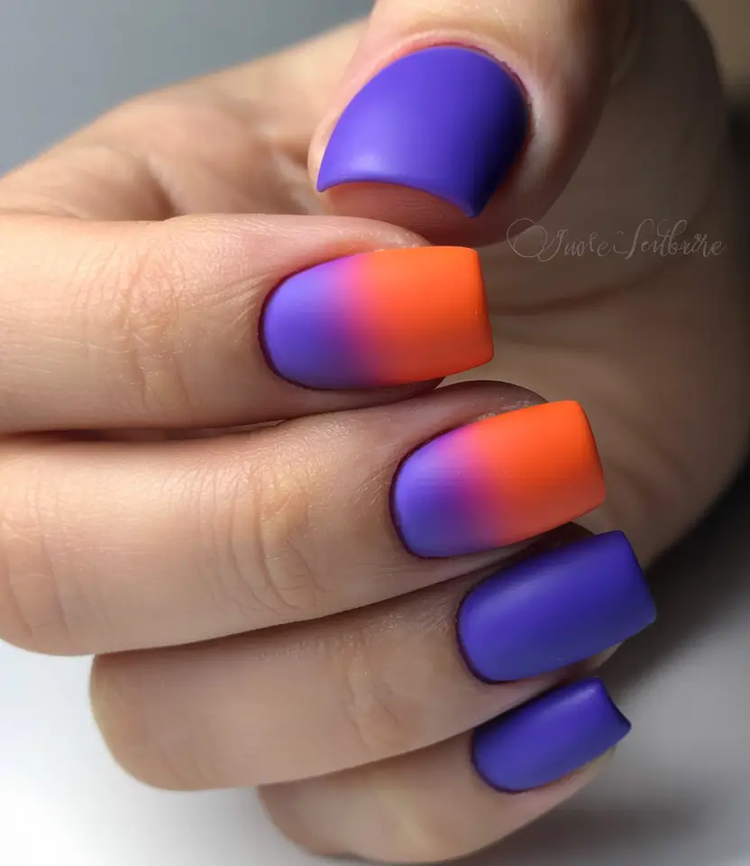 summer gel nail design ideas 2025 Neon Fire Meets Royal Matte