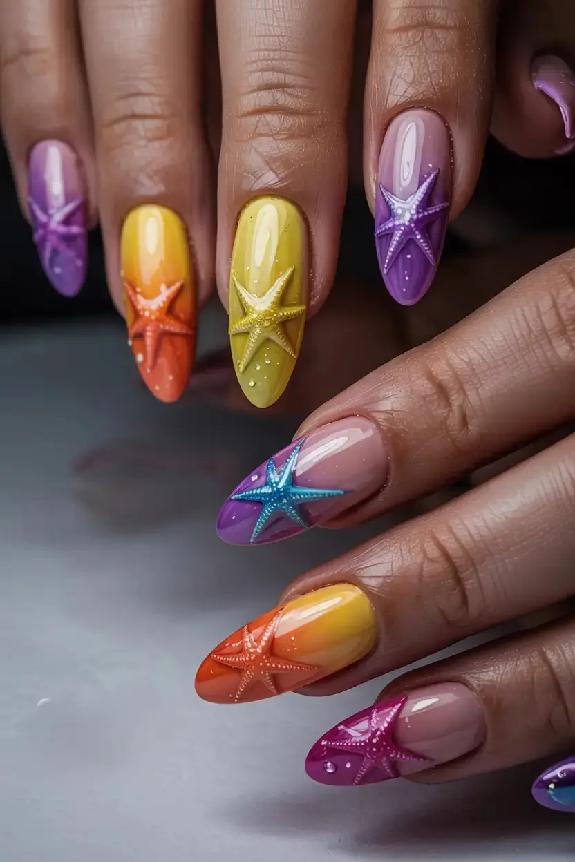 summer gel nail design ideas 2025 Starfish Fantasy: The 3D Ocean-Inspired Look