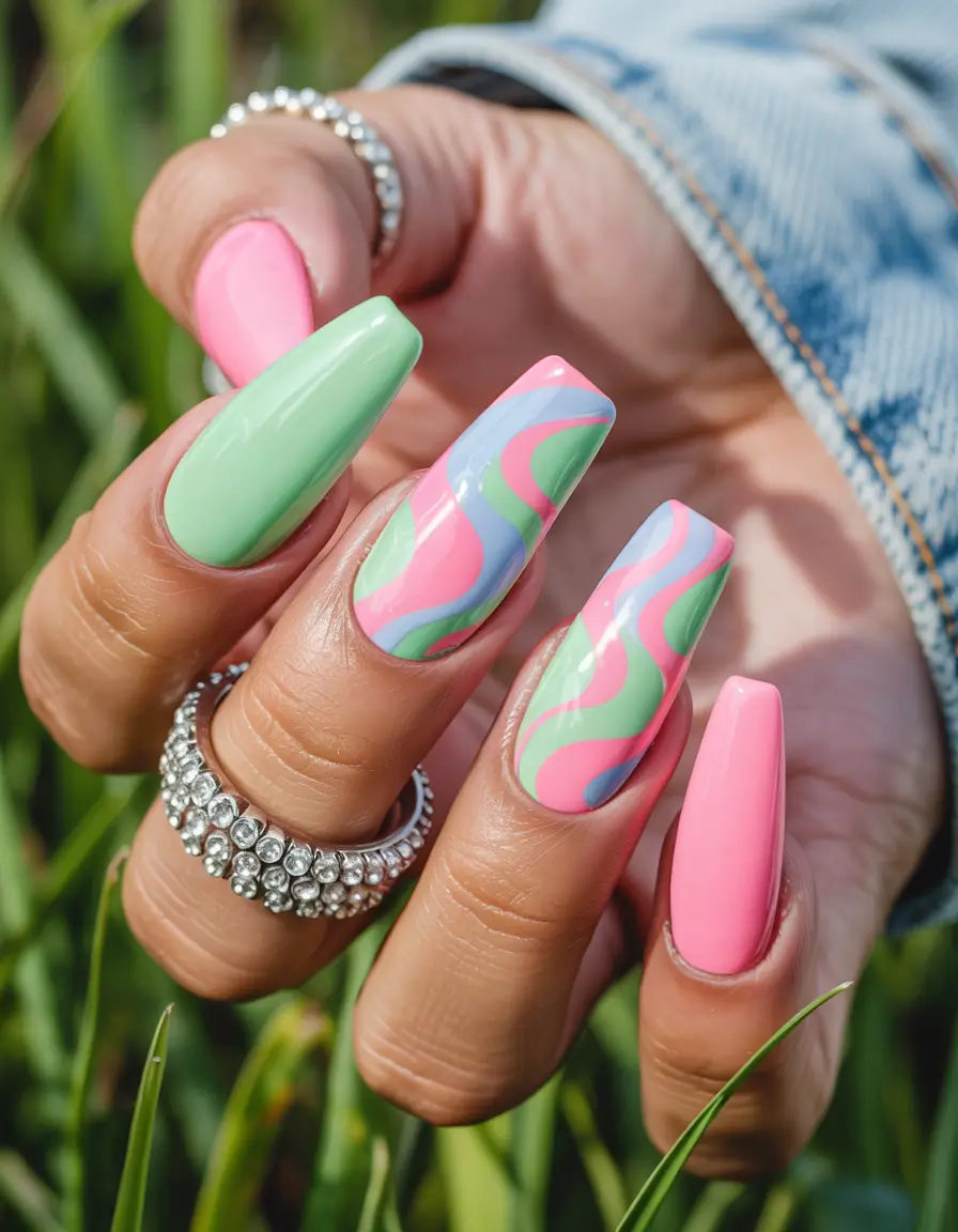summer gel nail design retro: ’70s Swirl Meets Barbiecore