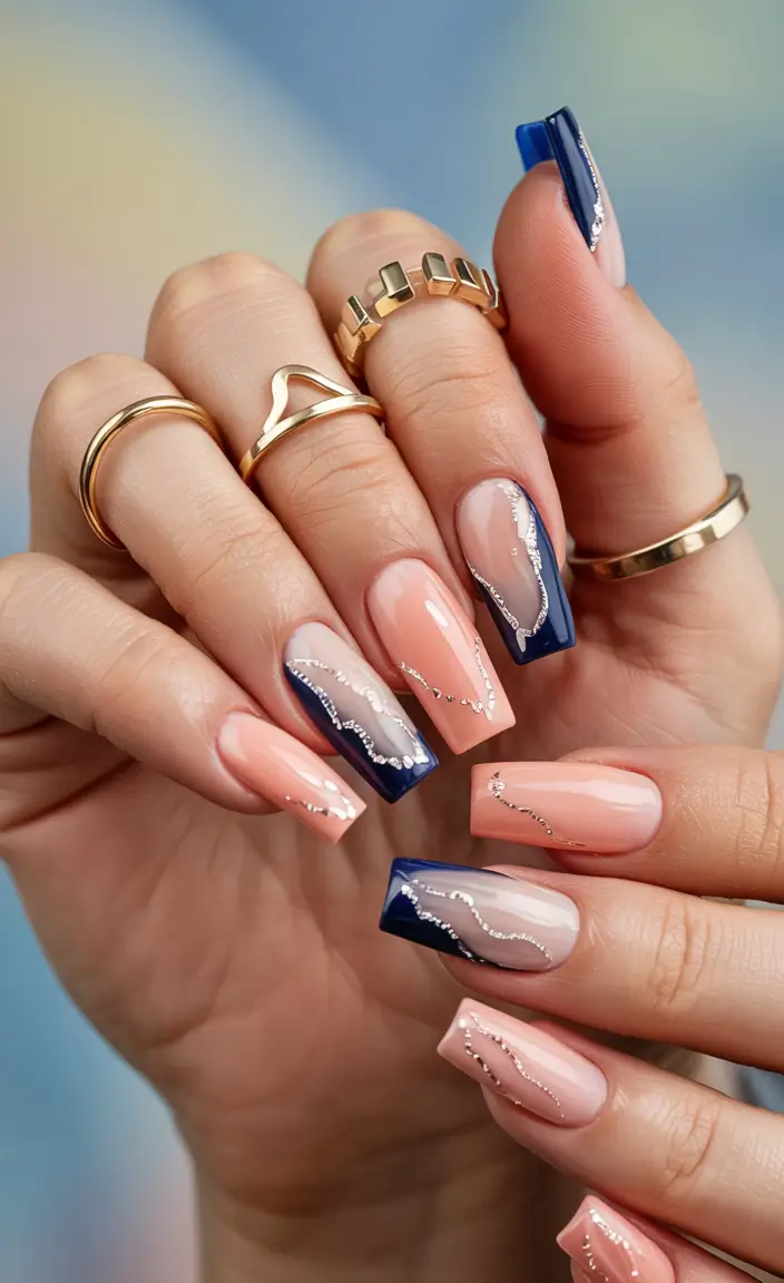 summer gel nail design ideas 2025 Midnight Mirage: Navy and Nude with a Hint of Shine